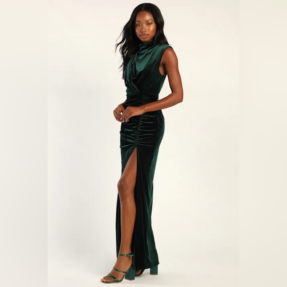 Lulus Alluring Image Emerald Ruched Velvet Mock Neck Maxi Dress - Picture 3 of 16